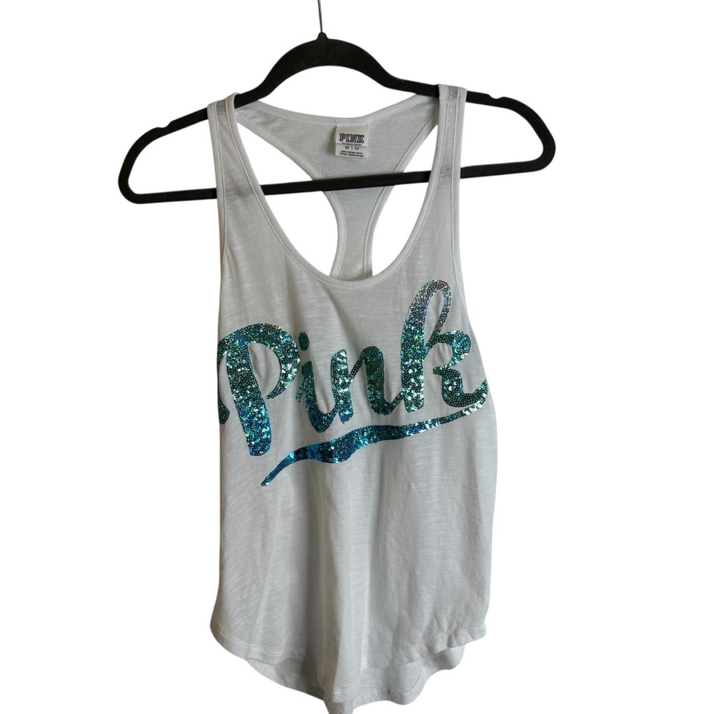 PINK Victoria's Secret White Razor Back Tank with Blue and Teal Glitter Logo